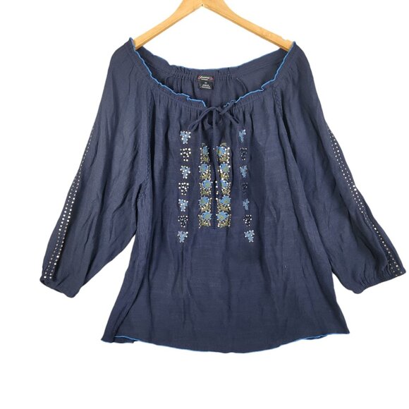 Cocomo Woman Navy Blue Embroidered Peasant Blouse 2X 3/4 Sleeves Gauze - Picture 1 of 5